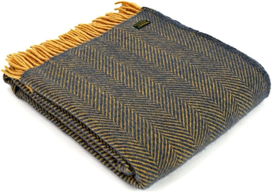 Tweedmill Pure New Wool Herringbone Throw — Navy & Mustard